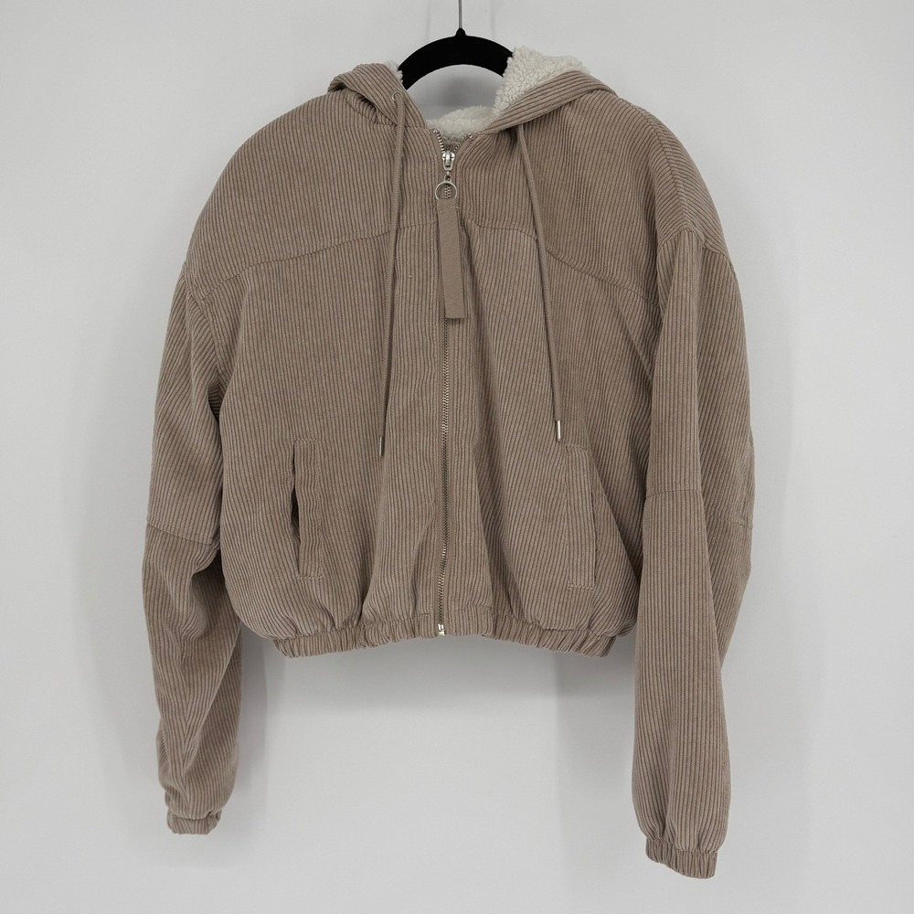 Ashley Sunrise Collection Tan Corduroy Sherpa Lined Hooded Cropped Jacket Medium